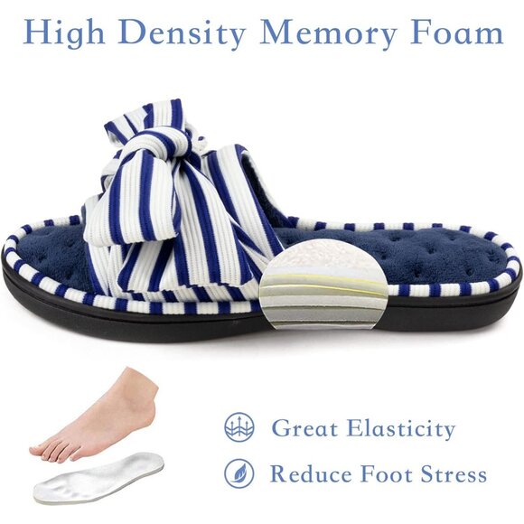 Women's Eurytides Slide Slippers Memory Foam House Blue White Shoes - Picture 2 of 6